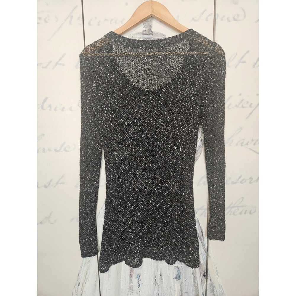 Eileen Fisher Black Marled Italian Yarn Scoop Neck Knit Top Mesh Sheer Small